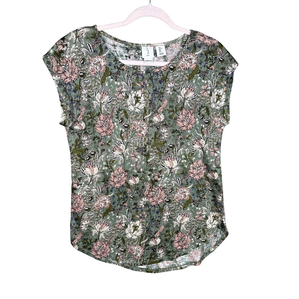 Joie Floral Linen Cap Sleeve Top Green Pink White Casual Women's Small Coastal - Picture 2 of 9